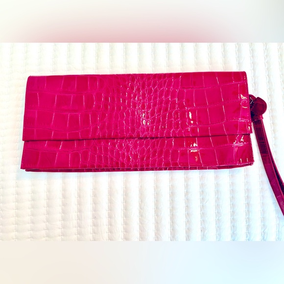 Saks Fifth Avenue Patent Leather Magenta Clutch - Picture 1 of 5